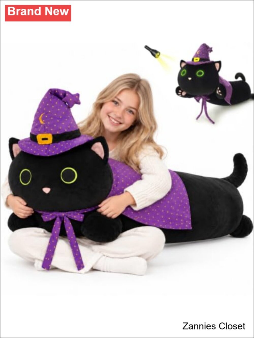 👻 44" Cat Stuffed Animal Plush Body Pillow Witch Hat Cape Glow in the Dark